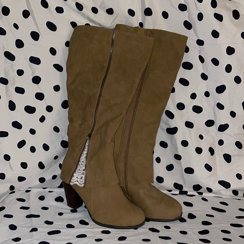 NWT Camel & Crochet Lace Overlay Wide Calf Boot